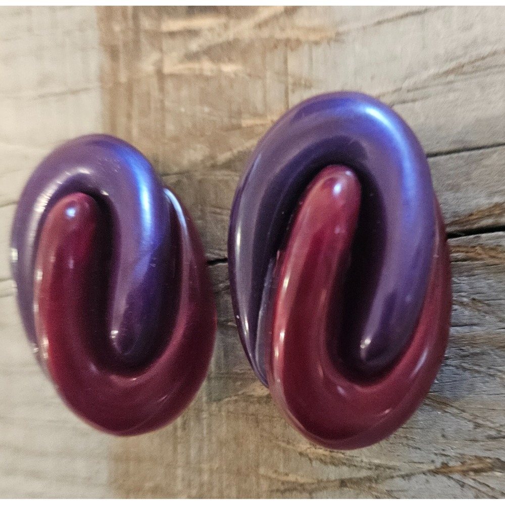 VINTAGE Statement Earrings Purple & Red Interlocking Loop Design Fashion Jewelry